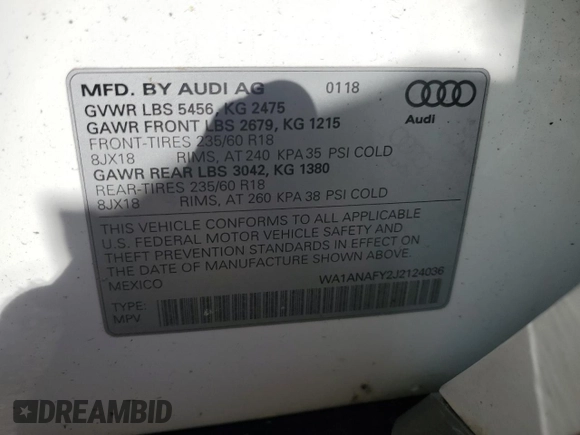 2018 Audi Q5 Premium with VIN WA1ANAFY2J2124036, listed as a Copart auction lot 49914905 with 0 mi miles and Non Repairable. Bid and sale history available at carsss.com. Image 15.