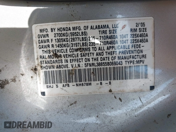 2005 Honda Odyssey TOURING with VIN 5FNRL38855B069043, listed as a IAAI auction lot 42035153 with 236,533 mi miles. Bid and sale history available at carsss.com. Image 9.