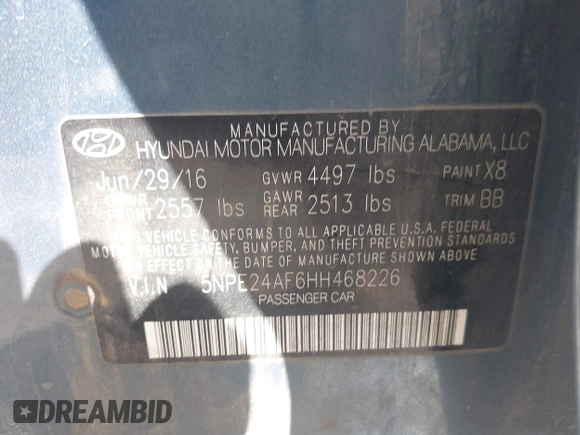 2017 Hyundai Sonata SE with VIN 5NPE24AF6HH468226, listed as a IAAI auction lot 41781837 with 176,095 mi miles and . Bid and sale history available at DreamBid. Image 9.