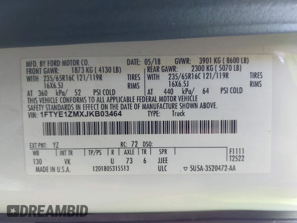 2018 Ford Transit с VIN 1FTYE1ZMXJKB03464, выставлен на аукционе IAAI как лот 41154785 с пробегом 72 451 миль миль и . История ставок и продаж доступна на DreamBid. Изображение 9.