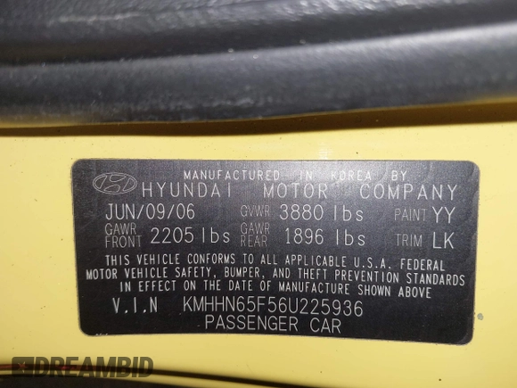 2006 Hyundai Tiburon GT z VIN KMHHN65F56U225936, wystawiony jako IAAI lot #41695280 z przebiegiem 121 110 mil mil oraz . Historia ofert i sprzedaży dostępna na DreamBid. Obrazek 9.