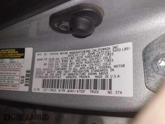 2007 Toyota Tacoma z VIN 5TEMU52N37Z457343, wystawiony jako IAAI lot #41109212 z przebiegiem 149 816 mil mil oraz . Historia ofert i sprzedaży dostępna na DreamBid. Obrazek 9.