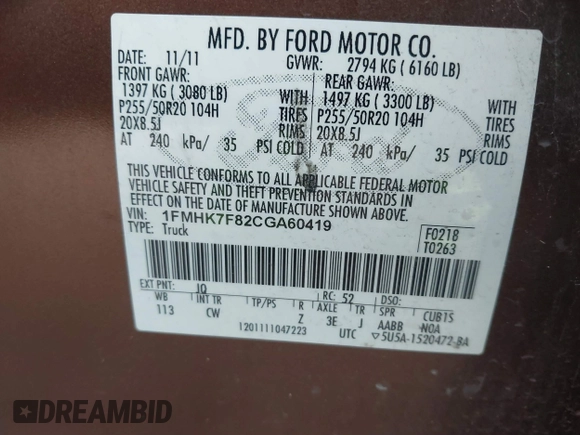 2012 Ford Explorer Limited with VIN 1FMHK7F82CGA60419, listed as a IAAI auction lot 41478513 with 129,081 mi miles and . Bid and sale history available at carsss.com. Image 9.
