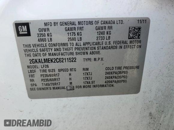 2012 GMC Terrain SLE-1 with VIN 2GKALMEK2C6211522, listed as a Copart auction lot 54209885 with Not provided miles and Salvage title. Bid and sale history available at DreamBid. Image 13.