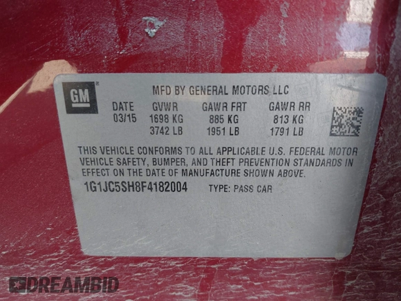 2015 Chevrolet Sonic LT with VIN 1G1JC5SH8F4182004, listed as a IAAI auction lot 41993900 with 73,359 mi miles and . Bid and sale history available at DreamBid. Image 9.
