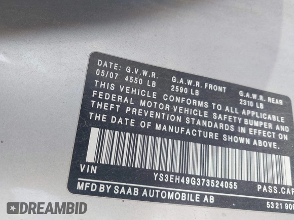 2007 Saab 9-5 Aero with VIN YS3EH49G373524055, listed as a IAAI auction lot 41902061 with 163,094 mi miles. Bid and sale history available at carsss.com. Image 9.