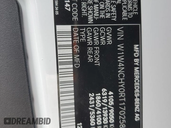 2024 Mercedes-Benz Sprinter with VIN W1W4NCHY0RT170258, listed as a Copart auction lot 43573275 with 36,369 mi miles and Salvage Title. Bid and sale history available at DreamBid. Image 13.