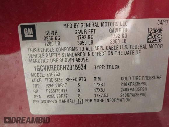 2017 Chevrolet Silverado 1500 LT with VIN 1GCVKREC6HZ315934, listed as a IAAI auction lot 42029991 with 83,974 mi miles and . Bid and sale history available at DreamBid. Image 9.