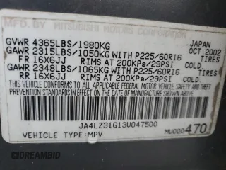 2003 Mitsubishi Outlander LS with VIN JA4LZ31G13U047500, listed as a Copart auction lot 42087365 with 244,153 mi miles and Salvage Title. Bid and sale history available at carsss.com. Image 13.