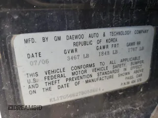 2007 Chevrolet Aveo LT with VIN KL1TG56627B058604, listed as a Copart auction lot 52907715 with Not provided miles and Clean title. Bid and sale history available at DreamBid. Image 12.