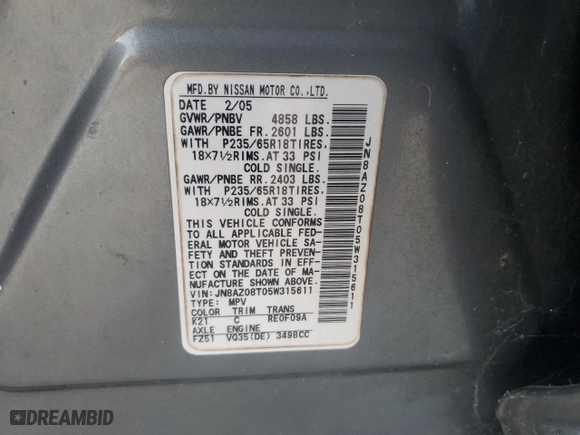 2005 Nissan Murano SL with VIN JN8AZ08T05W315611, listed as a Copart auction lot 77487264 with 0 mi miles and Salvage Title. Bid and sale history available at carsss.com. Image 14.