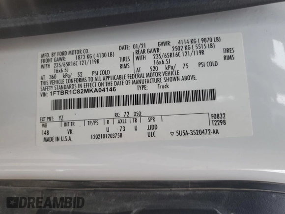 2021 Ford Transit Cargo with VIN 1FTBR1C82MKA04146, listed as a Copart auction lot 73481054 with 116,390 mi miles and Non Repairable. Bid and sale history available at DreamBid. Image 13.