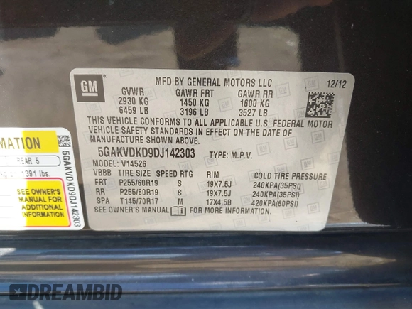 2013 Buick Enclave Premium with VIN 5GAKVDKD9DJ142303, listed as a IAAI auction lot 42198978 with 121,598 mi miles and . Bid and sale history available at DreamBid. Image 9.