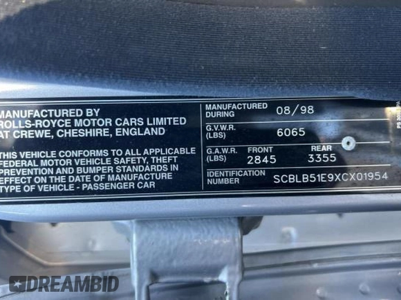 1999 Bentley Arnage with VIN SCBLB51E9XCX01954, listed as a Copart auction lot 46446125 with 81,913 mi miles and Clean Title. Bid and sale history available at DreamBid. Image 10.