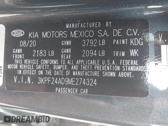 2021 Kia Forte LXS с VIN 3KPF24AD9ME274324, выставлен на аукционе IAAI как лот 42452286 с пробегом 24 577 миль миль и . История ставок и продаж доступна на DreamBid. Изображение 9.