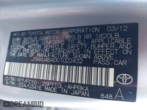 2012 Scion xD with VIN JTKKU4B40C1022432, listed as a IAAI auction lot 41786750 with 179,736 mi miles and . Bid and sale history available at DreamBid. Image 9.