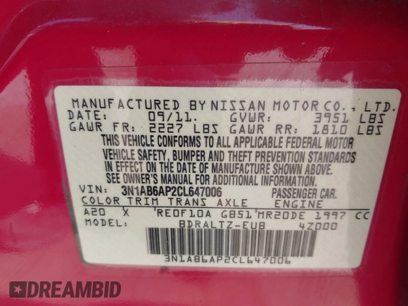 2012 Nissan Sentra S with VIN 3N1AB6AP2CL647006, listed as a IAAI auction lot 42282745 with 80,937 mi miles and . Bid and sale history available at DreamBid. Image 9.