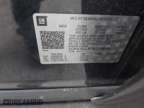2019 GMC Acadia SLE z VIN 1GKKNLLS7KZ258351, wystawiony jako IAAI lot #41657771 z przebiegiem 126 164 mil mil oraz . Historia ofert i sprzedaży dostępna na DreamBid. Obrazek 9.