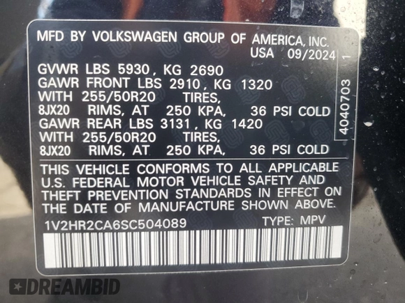 2025 Volkswagen Atlas SE with VIN 1V2HR2CA6SC504089, listed as a Copart auction lot 85039764 with 3,113 mi miles and Clean title. Bid and sale history available at DreamBid. Image 13.
