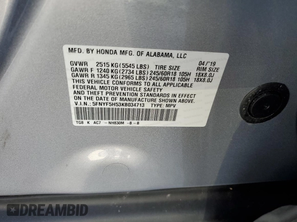 2019 Honda Pilot EX-L with VIN 5FNYF5H53KB034713, listed as a Copart auction lot 48163965 with 68,327 mi miles and Salvage Title. Bid and sale history available at DreamBid. Image 15.