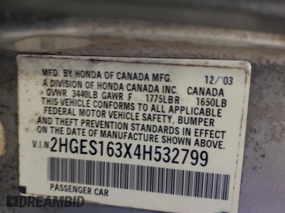 2004 Honda Civic VP with VIN 2HGES163X4H532799, listed as a Copart auction lot 41648295 with 294,575 mi miles and Salvage Title. Bid and sale history available at DreamBid. Image 12.