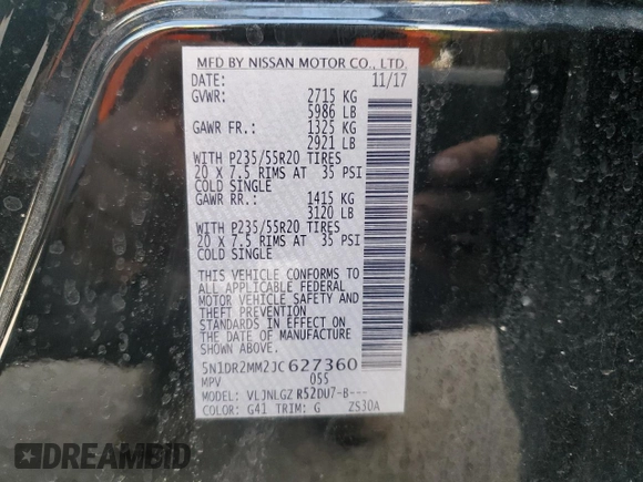2018 Nissan Pathfinder SL with VIN 5N1DR2MM2JC627360, listed as a Copart auction lot 55961395 with 146,453 mi miles and Salvage title. Bid and sale history available at DreamBid. Image 13.