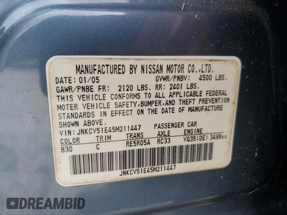2005 Infiniti G35 Sedan with VIN JNKCV51E45M211447, listed as a Copart auction lot 49301135 with 196,652 mi miles and Non Repairable. Bid and sale history available at carsss.com. Image 12.