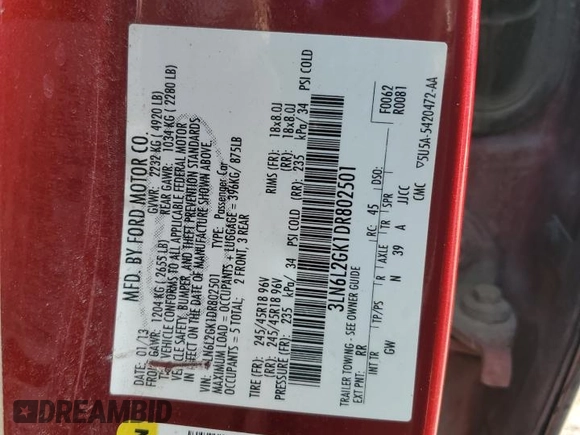 2013 Lincoln MKZ с VIN 3LN6L2GK1DR802501, выставлен на аукционе Copart как лот 59026255 с пробегом 174 825 миль миль и Списание • Salvage title. История ставок и продаж доступна на DreamBid. Изображение 12.