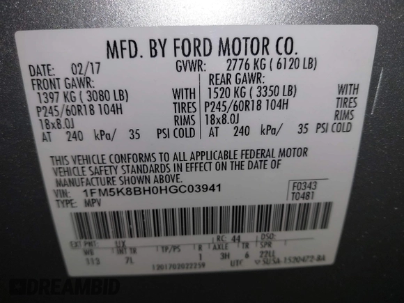 2017 Ford Explorer with VIN 1FM5K8BH0HGC03941, listed as a IAAI auction lot 41334040 with 111,585 mi miles and . Bid and sale history available at DreamBid. Image 9.