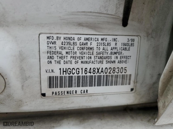1999 Honda Accord Sdn LX with VIN 1HGCG1648XA028305, listed as a Copart auction lot 87960635 with 448,507 mi miles and Salvage Title. Bid and sale history available at carsss.com. Image 15.