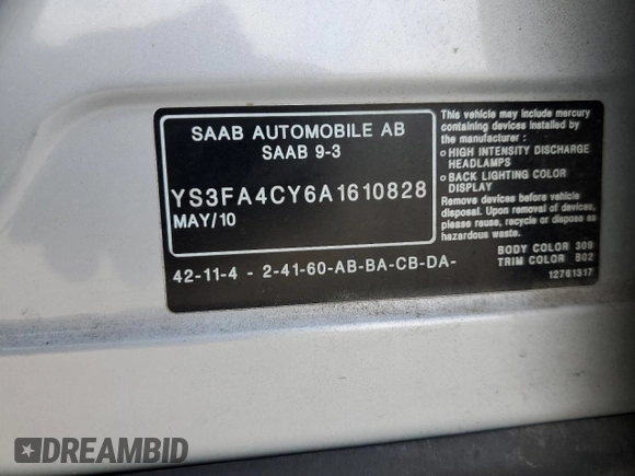 2010 Saab 9-3 z VIN YS3FA4CY6A1610828, wystawiony jako Copart lot #44616125 z przebiegiem 111 308 mil mil oraz Szkoda całkowita • Salvage title. Historia ofert i sprzedaży dostępna na DreamBid. Obrazek 14.
