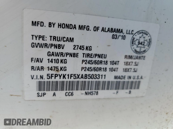 2010 Honda Ridgeline RTL с VIN 5FPYK1F5XAB503311, выставлен на аукционе Copart как лот 66803485 с пробегом 197 985 миль миль и Чистый • Clean title. История ставок и продаж доступна на DreamBid. Изображение 12.