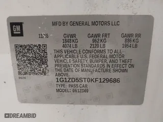 2019 Chevrolet Malibu LT with VIN 1G1ZD5ST0KF129686, listed as a IAAI auction lot 41846784 with 36,420 mi miles. Bid and sale history available at carsss.com. Image 9.