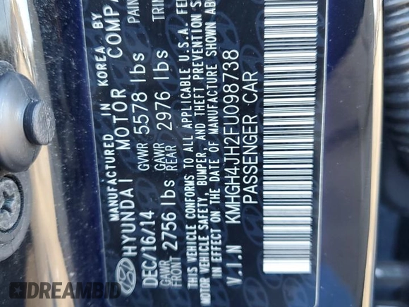 2015 Hyundai Equus Signature with VIN KMHGH4JH2FU098738, listed as a Copart auction lot 47439335 with 109,113 mi miles and Clean title. Bid and sale history available at DreamBid. Image 12.