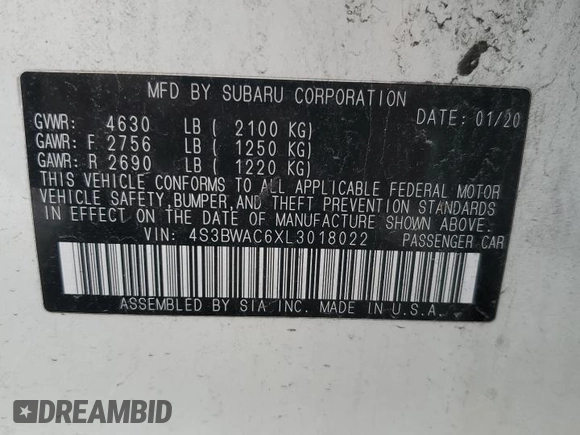 2020 Subaru Legacy Premium с VIN 4S3BWAC6XL3018022, выставлен на аукционе Copart как лот 58551465 с пробегом 82 757 миль миль и Списание • Salvage title. История ставок и продаж доступна на DreamBid. Изображение 12.