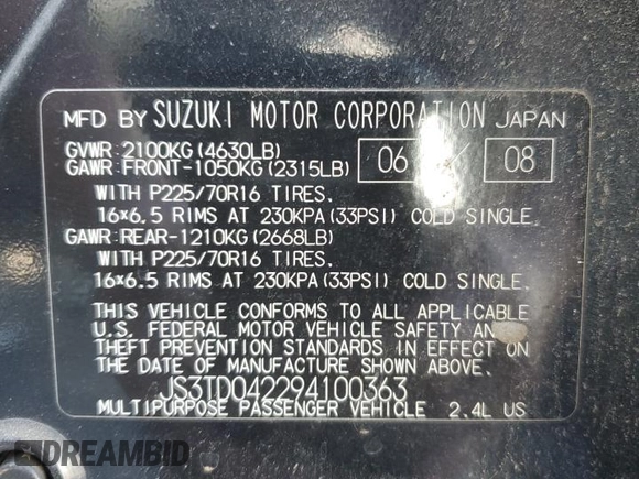 2009 Suzuki Grand Vitara z VIN JS3TD042294100363, wystawiony jako Copart lot #88151185 z przebiegiem 86 595 mil mil oraz Czysty tytuł • Clean title. Historia ofert i sprzedaży dostępna na DreamBid. Obrazek 14.