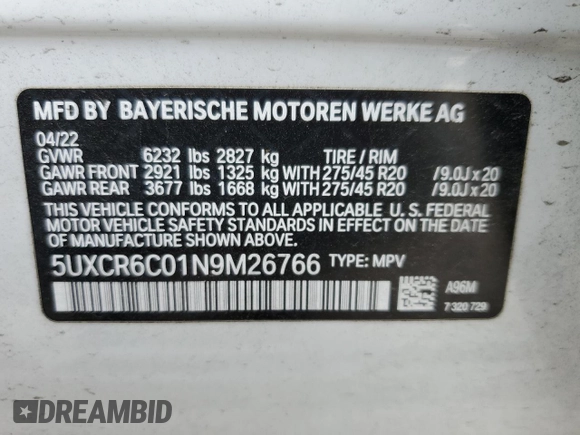 2022 BMW X5 xDrive40i with VIN 5UXCR6C01N9M26766, listed as a Copart auction lot 50990865 with 24,036 mi miles and Salvage Title. Bid and sale history available at DreamBid. Image 15.