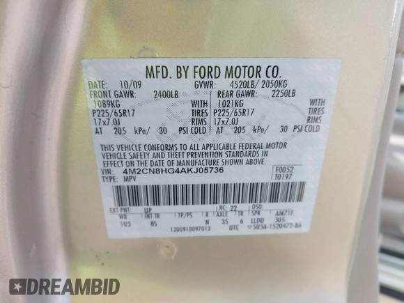 2010 Mercury Mariner Premier with VIN 4M2CN8HG4AKJ05736, listed as a IAAI auction lot 41744987 with 209,819 mi miles and . Bid and sale history available at DreamBid. Image 9.