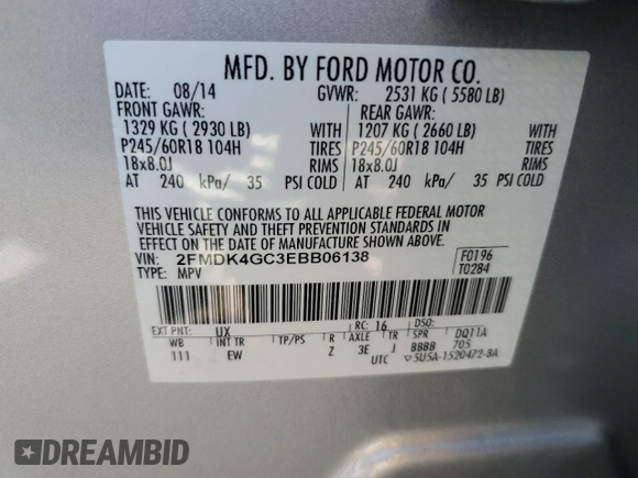 2014 Ford Edge SE z VIN 2FMDK4GC3EBB06138, wystawiony jako Copart lot #60747405 z przebiegiem 135 620 mil mil oraz Szkoda całkowita • Salvage title. Historia ofert i sprzedaży dostępna na DreamBid. Obrazek 14.