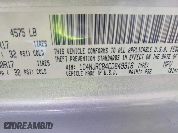 2012 Jeep Patriot Limited with VIN 1C4NJRCB4CD649916, listed as a IAAI auction lot 41732193 with 137,359 mi miles and . Bid and sale history available at carsss.com. Image 9.