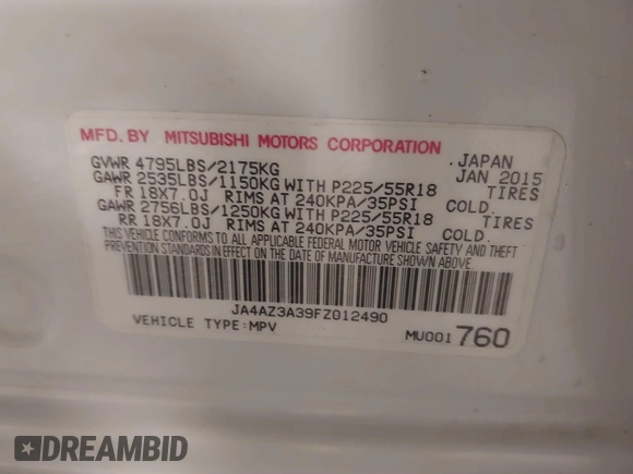 2015 Mitsubishi Outlander SE with VIN JA4AZ3A39FZ012490, listed as a IAAI auction lot 41405104 with 95,131 mi miles and . Bid and sale history available at DreamBid. Image 9.