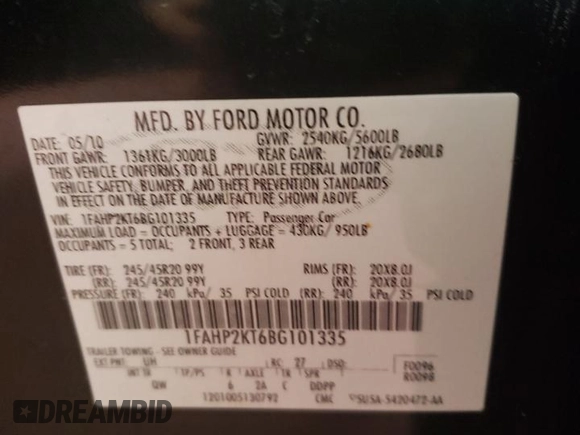 2011 Ford Taurus SHO with VIN 1FAHP2KT6BG101335, listed as a Copart auction lot 48075985 with Not Provided miles and Clean Title. Bid and sale history available at DreamBid. Image 13.