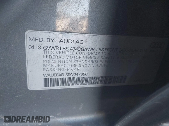 2013 Audi A4 Premium Plus with VIN WAUEFAFL3DN047850, listed as a IAAI auction lot 41451667 with 132,967 mi miles and . Bid and sale history available at DreamBid. Image 9.