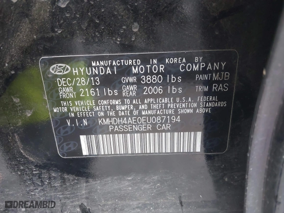2014 Hyundai Elantra SE with VIN KMHDH4AE0EU087194, listed as a IAAI auction lot 41992825 with 59,484 mi miles. Bid and sale history available at carsss.com. Image 9.
