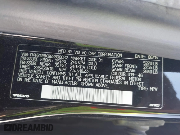 2016 Volvo XC60 T5 Premier with VIN YV4612RK8G2800032, listed as a IAAI auction lot 42173789 with 107,561 mi miles. Bid and sale history available at carsss.com. Image 9.