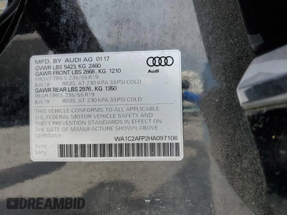 2017 Audi Q5 Premium with VIN WA1C2AFP2HA097106, listed as a Copart auction lot 58935585 with 105,187 mi miles and Salvage title. Bid and sale history available at DreamBid. Image 14.