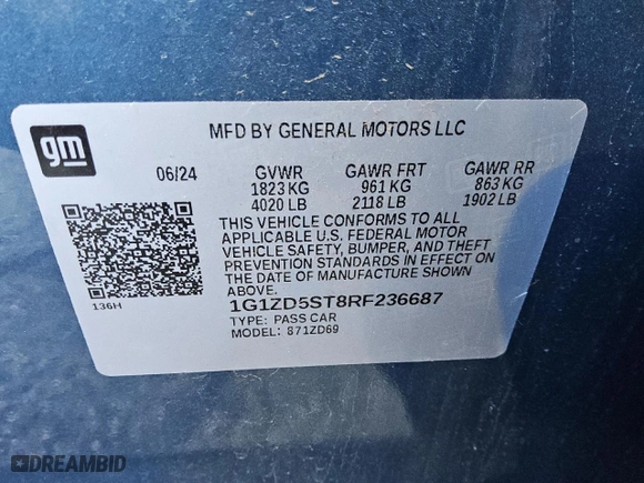 2024 Chevrolet Malibu LT with VIN 1G1ZD5ST8RF236687, listed as a Copart auction lot 46001745 with 12,800 mi miles and Salvage Title. Bid and sale history available at carsss.com. Image 12.