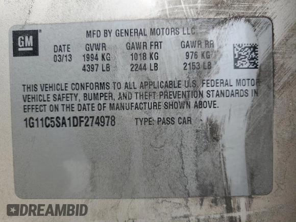 2013 Chevrolet Malibu LT with VIN 1G11C5SA1DF274978, listed as a Copart auction lot 45007205 with 221,086 mi miles and Salvage Title. Bid and sale history available at DreamBid. Image 15.