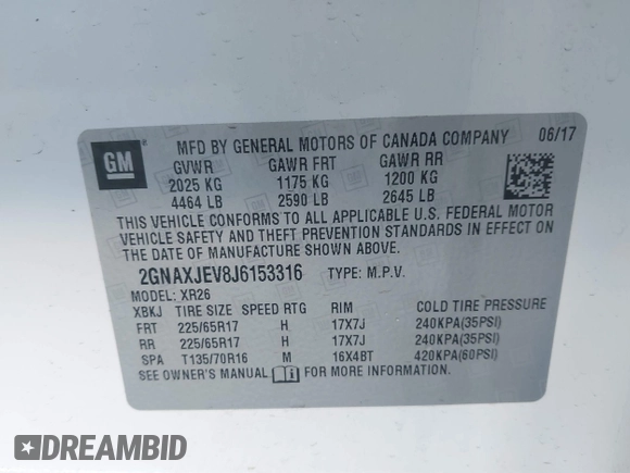 2018 Chevrolet Equinox LT with VIN 2GNAXJEV8J6153316, listed as a IAAI auction lot 42007184 with 102,676 mi miles and . Bid and sale history available at carsss.com. Image 9.
