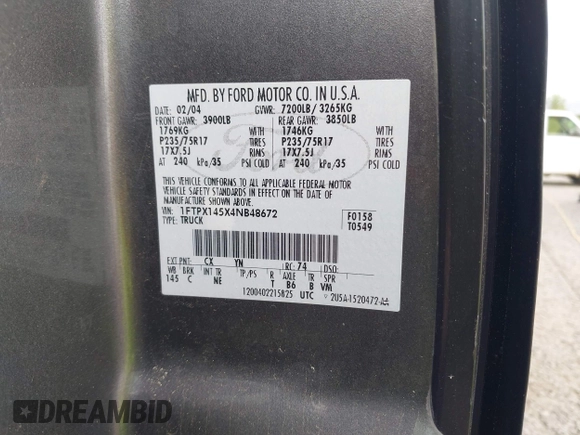 2004 Ford F-150 XLT z VIN 1FTPX145X4NB48672, wystawiony jako IAAI lot #42497529 z przebiegiem 178 758 mil mil oraz . Historia ofert i sprzedaży dostępna na DreamBid. Obrazek 9.